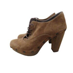 CASTANER Tan Suede Wooden Clog Platform Heeled Lace Up Shoes Boho Academia